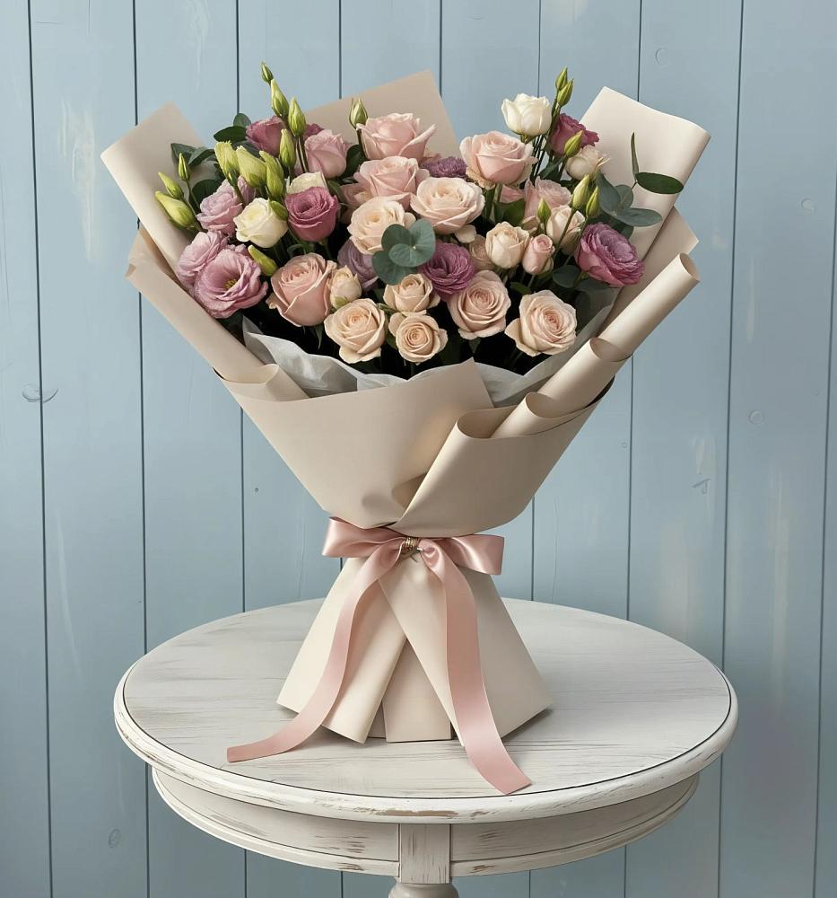 Букет цветов из: Розы и Лизиантусы в Лукоянове